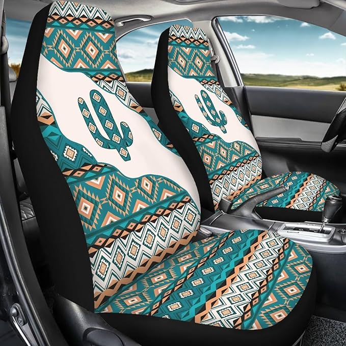 Car Accessories Car Seat Covers for Women Men Breathable Green Aztec Cactus Front Seat Cover All-Season Protection Universal Fit Trucks SUV Van Fashion Auto Interior