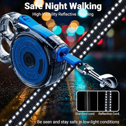 Retractable Dog Leash for Small Dogs, 10ft Retractable Leash for Puppies Up to 26 lbs, 360° Tangle-Free Heavy Duty Nylon Tape, One-Handed Brake Pause Lock, Reflective Strip for Safe Night Walking