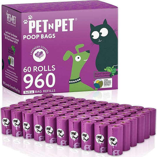 PET N PET Dog Poop Bags Scented, Value Pack 960 Count, Dog Bags Refill Rolls for Doggy Poo, Cat Litter Waste, Thick and Leak-Proof Sac CaCa Chien 41% Plant Based (Lavender)