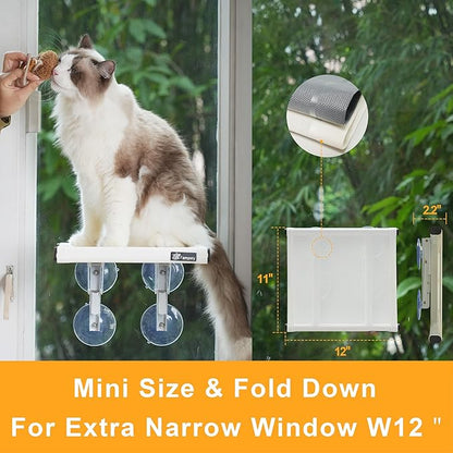 24"XL Cat Window Perch=12" Duo Pac Step=2 Mini Stand for Narrow Space,Vertical Gym Set,8+8 Suction Cup,Hold Up 80LB,Foldable Cordless Underneath Support,Textilene Seat Bed,Easy Clean&Dry-White