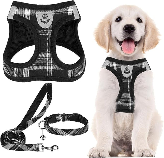 PUPTECK Adjustable Dog Harness Collar and Leash Set Step in No Pull Pet Harness for Small Medium Dogs Puppy and Cats Outdoor Walking Running, Soft Mesh Padded Reflective Vest Harnesses, Black XXS