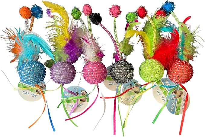 Multipet Mesh Feather Ball Cat Toy - Fun, Creative, Durable Playtime Delights (6-Pack, Colors May Vary)