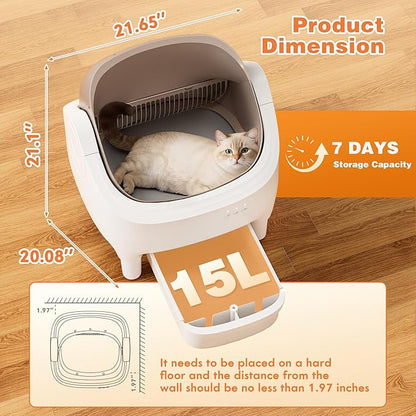 Greesum Self Cleaning Cat Litter Box – Automatic Open-Top Smart Litter Box with App Control, 15L Odor-Sealed Waste Bin, Ultra Quiet 35dB, Multi-Cat & Large Cat Compatible, with Trash Bags & Mat