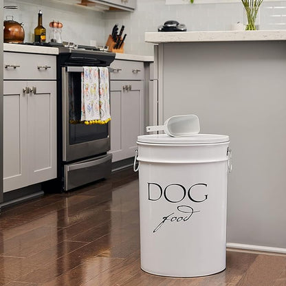 Harry Barker Classic White Dog Food Storage Canister – Large, Airtight Stainless Steel Pet Food Container, Holds Up to 40 lbs Dry Dog Food, Kitchen Counter & Pantry Storage - White