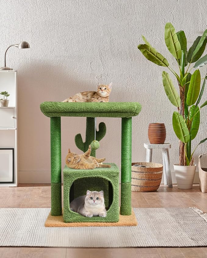 SYANDLVY 27" Cactus Cat Tree for Indoor Cats, Green Activity Tower with Scratching Posts, Modern Kitten Condo with Plush Perch & Hanging Ball for Play