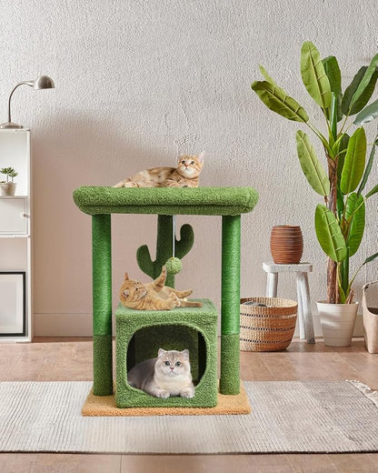 SYANDLVY 27" Cactus Cat Tree for Indoor Cats, Green Activity Tower with Scratching Posts, Modern Kitten Condo with Plush Perch & Hanging Ball for Play