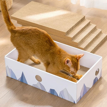 Cat Scratcher Box with Heavy-Duty Double-Sided Cardboard Pad, Cardboard Lounger, Cat Bed for Indoor Cats, Interactive Hole Design, Large - 5 Pack, White