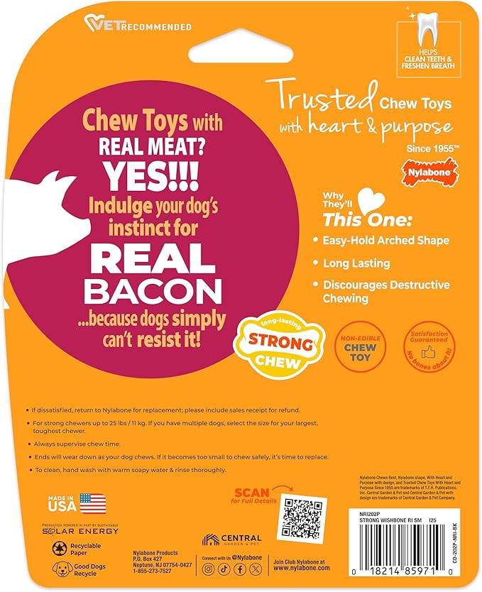 Nylabone Strong Chew Wishbone Dog Toy Made with Real Bacon, Durable Chew Toys for Aggressive Chewers, Long Lasting Dog Bone, Keeps Dogs Busy, Small Breeds - Up to 25 lbs