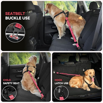 Pawaboo 2Pack Dog Seatbelt for Car, 3-in-1 Dog Seat Belt Bungee, Shockproof Dog Car Tether with Buckle & Hook Latch, Adjustable Reflective Dog Car Harness Leash with 360° Lockable Buckle, Red