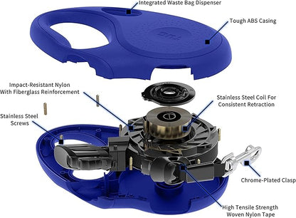 TUG Oval 360° Tangle-Free Retractable Dog Leash with Integrated Waste Bag Dispenser (Medium, Blue)