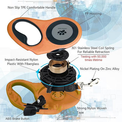 16 ft Retractable Dog Leash for Extra Large Dogs up to 130 lbs,Tangle-Free Nylon Tape,Orange Dan24 XL