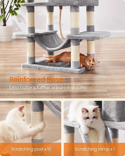 Feandrea Cat Tree, 66.1-Inch Large Cat Tower, Multi-Level Plush Condo with 13 Scratching Posts, 2 Perches, 2 Caves, Basket, Hammock, Pompoms, Light Gray UPCT165W01