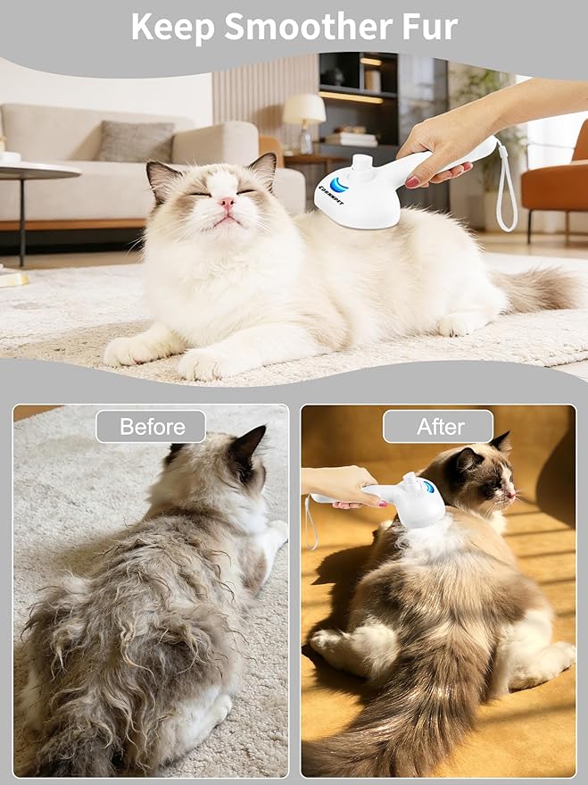 Dog Steam Brush Self Cleaning 3 in 1 Cat Steam Brush for Hair Shedding Massaging Grooming,Reducing Flying Fur & Static,Spray Comb with Storage String for Long Short Haired Furry Pets - White