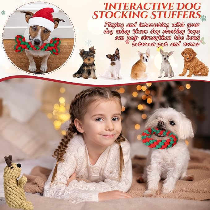 Sadnyy 9 Pcs Christmas Dog Rope Toys Gingerbread Man Reindeer Puppy Chew Xmas Toys Set Interactive Dog Stocking Stuffers, Tough for Puppy Small Medium Gifts Pet Playing Teething Cleaning