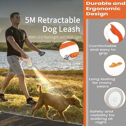 Best Dog Supplies Luminous Retractable Dog Leash with Front Safety Led Light - 5M/16ft 360°Tangle-Free Training Leash for Ultimum Freedom with Anti Slip Handle Dogs & Cats - Orange