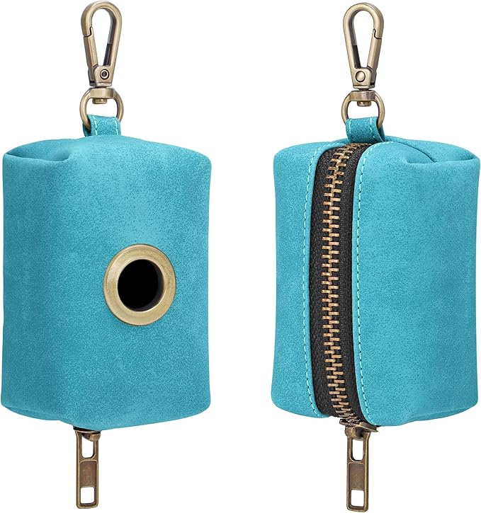 Didog Classic Dog Poop Bag Holder, Easy-Pull and Elegant PU Leather Pet Waste Bag Dispenser for Leash with Carabiner Clip, Includes 1 Roll Dog Waste Bag for Daily Walking,Light Blue