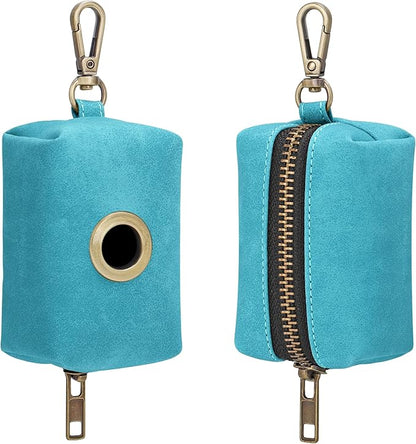 Didog Classic Dog Poop Bag Holder, Easy-Pull and Elegant PU Leather Pet Waste Bag Dispenser for Leash with Carabiner Clip, Includes 1 Roll Dog Waste Bag for Daily Walking,Light Blue