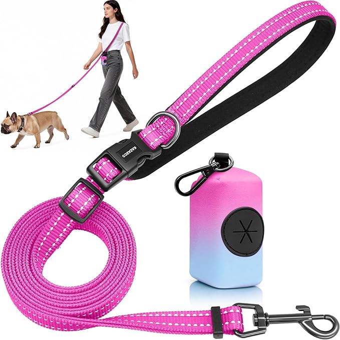 Kazazoo Hands-Free Dog Leash with Poop Bag Holder, Adjustable 4-7 Ft Waist for Dog Walking, Running for Small & Medium Dogs with Reflective Strips, Nylon Waist Belt, Hotpink