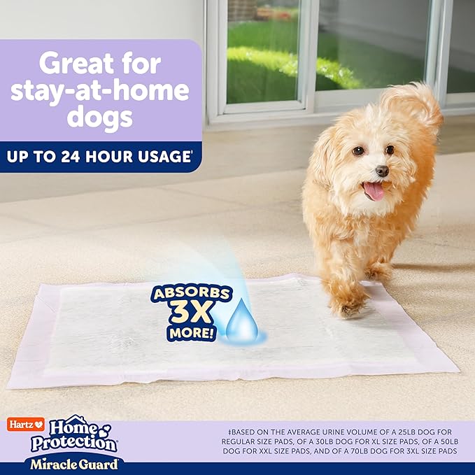 Hartz Miracle Guard Dog and Puppy Dog Pads Max Absorbency 24 Hour Use Odor Eliminating Lavender Scented No Leaks, Regular Size 50 Count