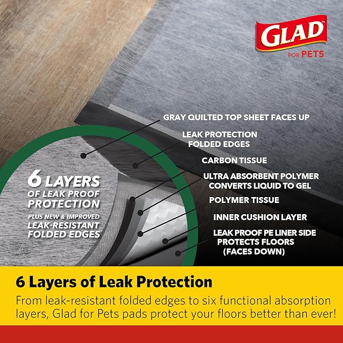 Glad for Pets Extra Large Charcoal Dog Training Pads, Absorbent Leak Proof Pee Pads for Dogs and Puppies, Odor Control Potty Pads with Activated Carbon, 28 x 30 Inches, 30 Count - 2 Pack