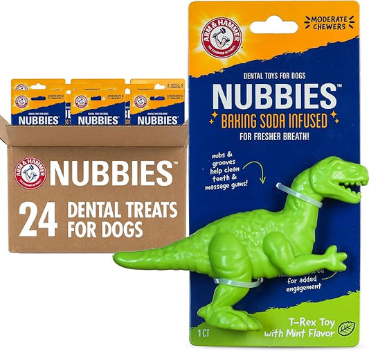 Arm & Hammer for Pets Nubbies Dental Toys T-Rex Dental Chew Toy for Dogs Best Dog Chew Toy for Moderate Chewers Reduces Plaque & Tartar Buildup Without Brushing, Mint Flavor (Pack of 24)