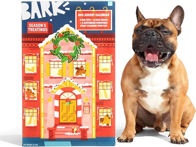 Barkbox Dog Advent Calendar – Holiday Gift Box with 8 Festive Plush Dog Toys & 16 Bakery-Style Treats – Squeaky, Fluffy & Crunchy Surprises for Small to Large Dogs