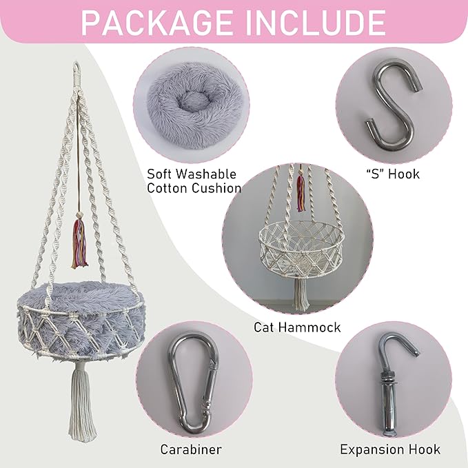 Macrame Cat Hammock, 47.24 * 15.74INCH, Cat Swing with Plush Bed for Sleeping, Playing, Climbing, and Lounging