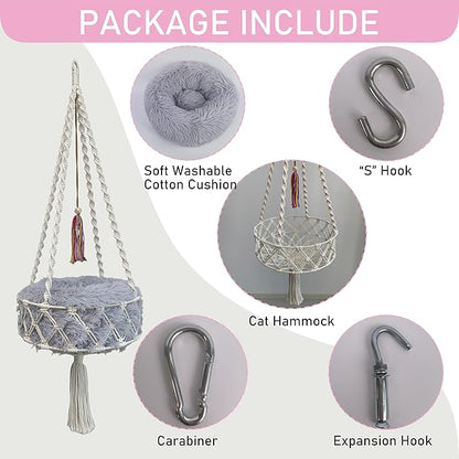 Macrame Cat Hammock, 47.24 * 15.74INCH, Cat Swing with Plush Bed for Sleeping, Playing, Climbing, and Lounging