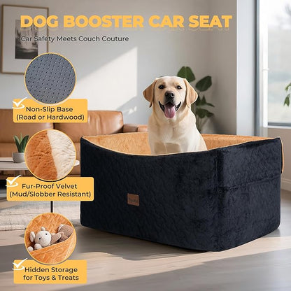Dog Car Seat for Large Medium Dogs up to 60 lbs – Elevated Dog Booster Seat for Cars with Extra-Safe 14in High Front, Memory Foam Cushion, Washable Cover, Backseat Pet Car Bed (Brown/Black)