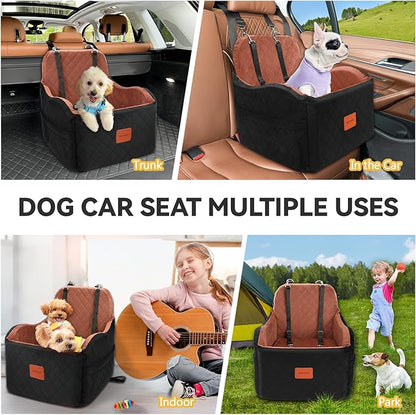 Dog Car Seats for Small/Medium Dogs, Memory Foam Dog Booster Seat for Dogs up to 35 lbs, Travel Safety Pet Car Seat with Washable Removable Cover and Storage Pockets (Black/Brown, Medium)