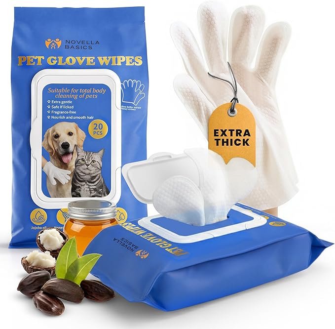 Pet Cleaning Glove Wipes for Dogs & Cats - Hypoallergenic Coconut Infused Extra Thick Dog Washing Gloves - Deodorizing Grooming Mitts - Puppy and Cat Cleaning Wipes - 20 Count