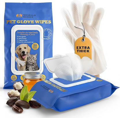 Pet Cleaning Glove Wipes for Dogs & Cats - Hypoallergenic Coconut Infused Extra Thick Dog Washing Gloves - Deodorizing Grooming Mitts - Puppy and Cat Cleaning Wipes - 20 Count