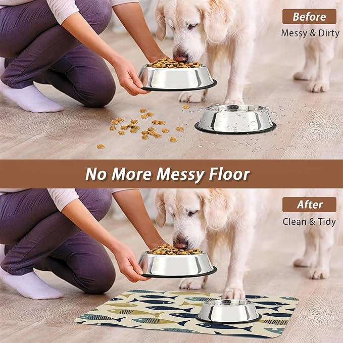 Fish Boho Dog Food Mat for Floors,Ocean Absorbent Quick-Dry Pet Feeding Mat,Cat Dog Bowl Mats for Food and Water,Non-Slip Pet Accessories Supplies 12"x20"