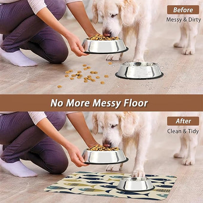 Fish Boho Dog Food Mat for Floors,Ocean Absorbent Quick-Dry Pet Feeding Mat,Cat Dog Bowl Mats for Food and Water,Non-Slip Pet Accessories Supplies 12"x20"