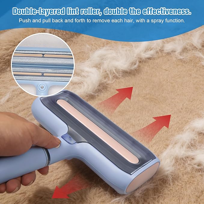Pet Hair Remover Set with Spray & Self-Storage – Reusable Double-Sided Roller, 4-Piece Grooming Brushes & Combs for Dogs, Cats, Furniture & Clothing
