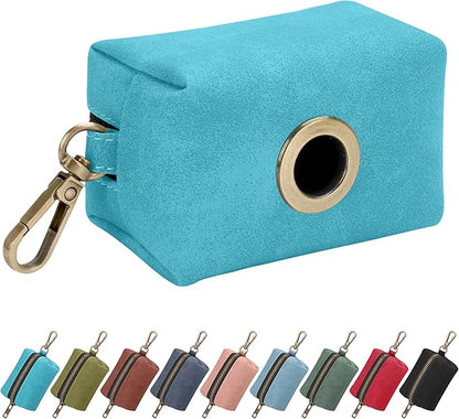 Didog Classic Dog Poop Bag Holder, Easy-Pull and Elegant PU Leather Pet Waste Bag Dispenser for Leash with Carabiner Clip, Includes 1 Roll Dog Waste Bag for Daily Walking,Light Blue