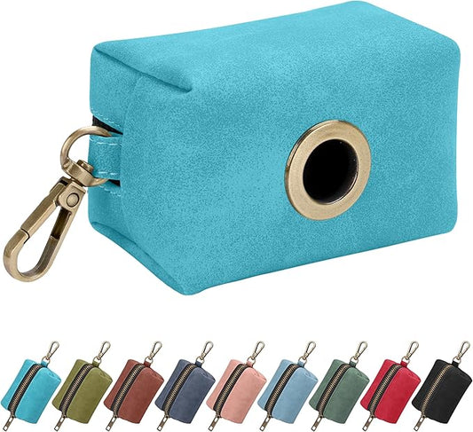 Didog Classic Dog Poop Bag Holder, Easy-Pull and Elegant PU Leather Pet Waste Bag Dispenser for Leash with Carabiner Clip, Includes 1 Roll Dog Waste Bag for Daily Walking,Light Blue