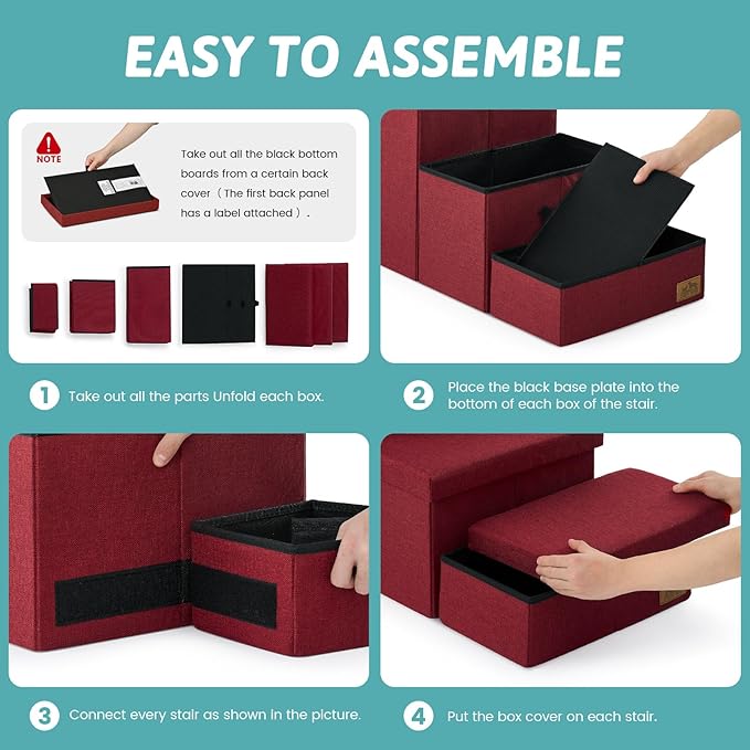 Dog Stairs with Storage, 3-Step Wider Sturdy Dog Steps for Small/Medium/Large Dogs and Older Cats, Folding Doggie Ramp for Bed/Couch/Car Hold Up to 180 lbs (16.7" H, Burgundy)
