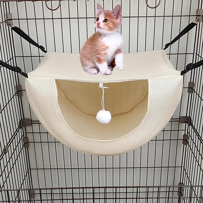 BESTYASH Small Beige Cat Cage Hammock Summer Breathable Mesh Kitten Nest Pet Hanging Bed for Indoor Cats and Small Pets Machine Washable