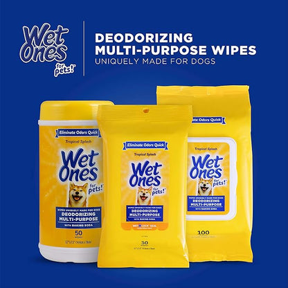 Wet Ones for Pets Deodorizing Multi-Purpose Dog Wipes with Baking Soda Dog Deodorizing Wipes for All Dogs in Tropical Splash Scent, Wipes with Wet Lock Seal Pouch Dog Wipes(Pack of 2,30 Count)