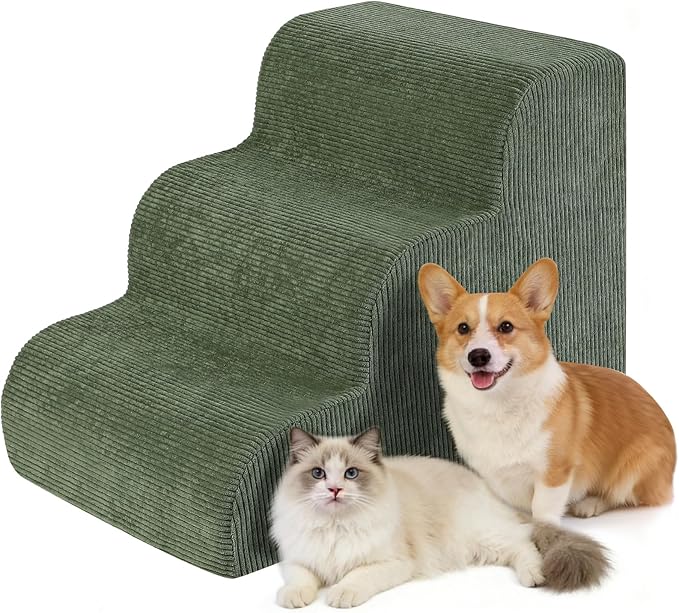 Dog Stairs for Bed 15" H, 3-Step Dog Ramp for Aged and Injured Dogs, Up to 50 Lbs Foam Pet Stairs for Small Dogs and Cats to Get on Couch or Chair, Non-Slip, Steady, Washable Cover, Green
