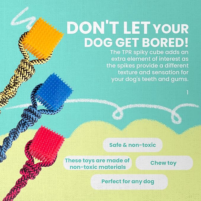 Snugarooz Spike-O-Cube Assorted Colors – Dog Toy with Durable Cotton Rope & Spiky TPR Cube - Ideal for Tugging, Chewing, and Fetch - for Larger Breeds