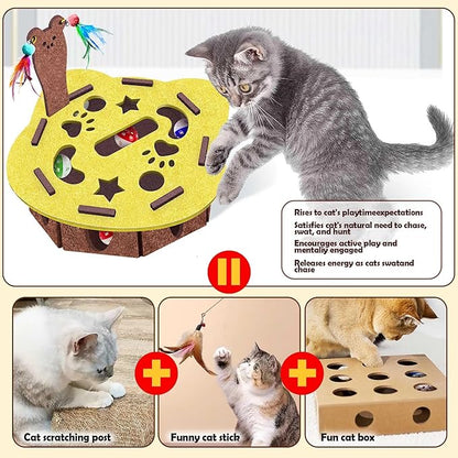 Interactive Felt Cat Maze Box with Cartoon Cat-Shaped Post, Fish-Shaped Puzzle ExerciseHide Seek Moving Toy for Cats, Mental Enrichment Self-Play Toy Encourages Hunting Instincts with 4 Balls