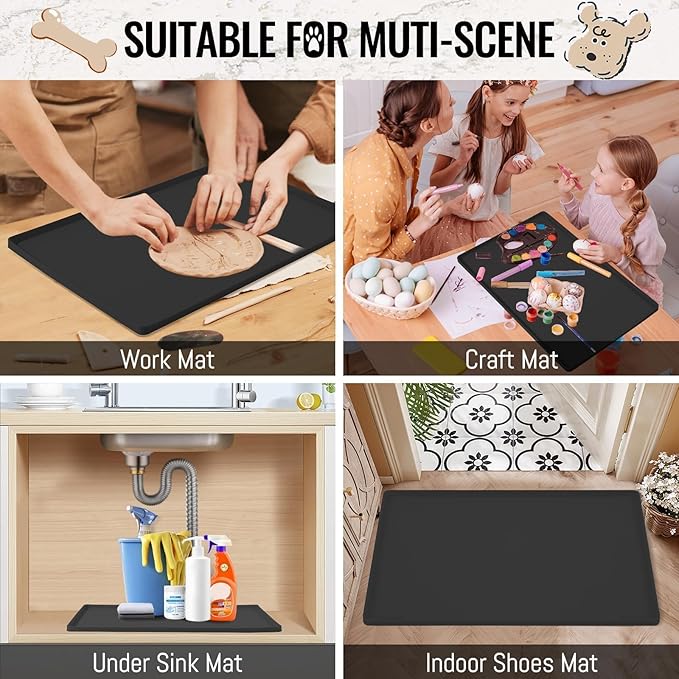 MateeyLife Dog & Cat Food Mat for Floors Waterproof, Nonslip Pet Feeding Mats with Raised Edges, Silicone Matt Tray for Messy Drinkers, 22"x14", Black