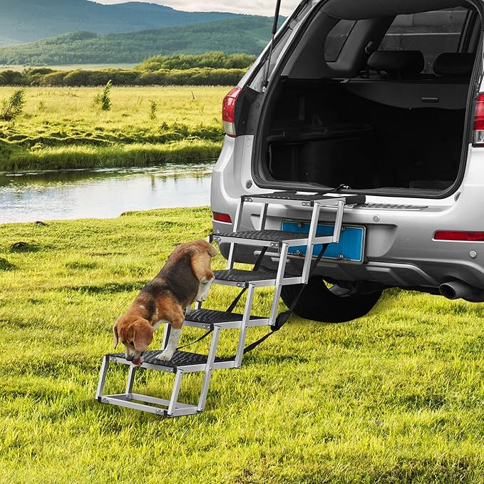 VEVOR Dog Stair for Cars, Wide 5-Step Dog Car Steps, Folding Dog Car Ramp with Nonslip Surface, Portable Pet Steps Lightweight Aluminum for Car, SUV and Truck, Supports up to 150 lbs