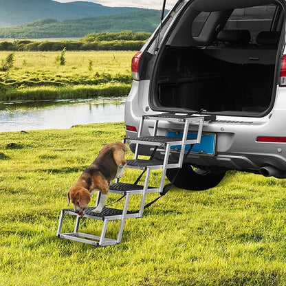 VEVOR Dog Stair for Cars, Wide 5-Step Dog Car Steps, Folding Dog Car Ramp with Nonslip Surface, Portable Pet Steps Lightweight Aluminum for Car, SUV and Truck, Supports up to 150 lbs