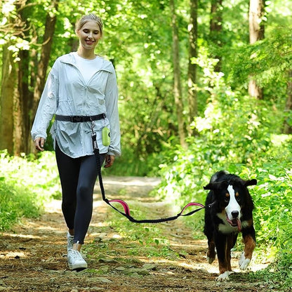 VIVAGLORY Hands Free Dog Leash Bungeetwin Running Dog Leash with Waist Belt for Running Walking & Jogging, Bungee & Around Waist for Pet, M, Black/Pink