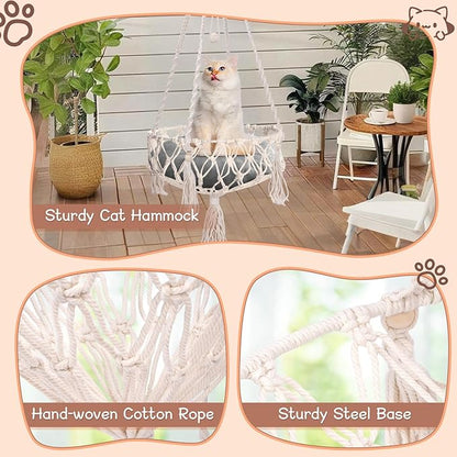 VINGVO Macrame Cat Hammock Bed, 58.27" Handwoven Pet Hanging Swing Bed with Hook for Wall, Foldable Kitten Window Perch for Indoor Outdoor Sports Playing Sleeping Climbing Lounging