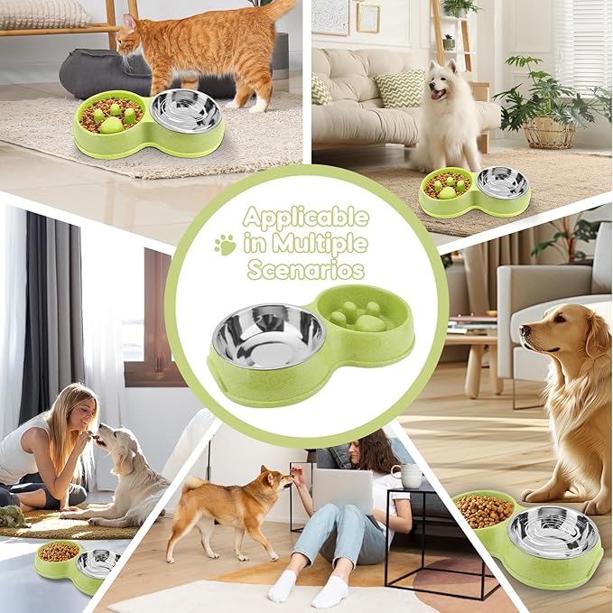 Pets Double Slow Feeder Bowls, Cats & Dogs Food Water Bowls, Stainless Steel Puppy Food and Water Dishes Non-Skid, Pet Feeding Bowl for Small Dogs Puppy Cat (Green)
