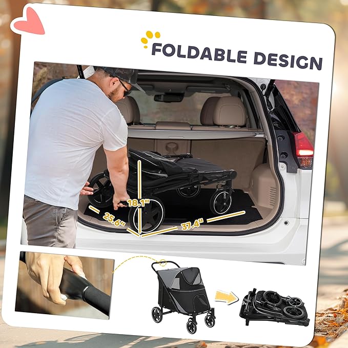 PawHut Dog Stroller for Large Medium Small Dogs up to 66 Lbs. 23.5" in Body Length, One-Click Foldable Pet Cat Stroller with Storage, Shock Absorption Wheels, Mesh Window, Safety Leash, Gray